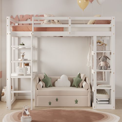 Lit Mezzanine 90x200 Cm - Enfant - Bureau Intégré - Rangements - Échelle - Pin Et Mdf - Blanc