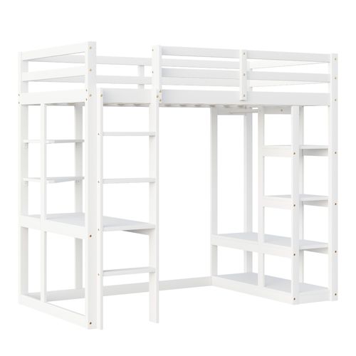 Lit Mezzanine 90x200 Cm - Enfant - Bureau Intégré - Rangements - Échelle - Pin Et Mdf - Blanc