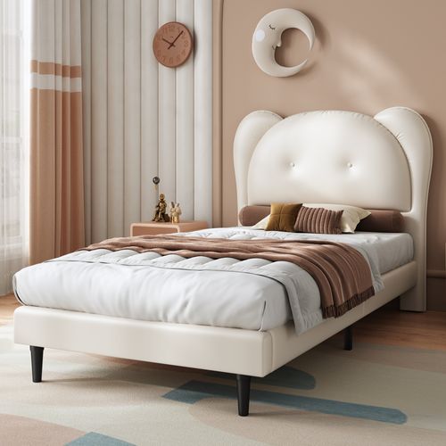 Lit Enfant 90x200 Cm - Lit Simple Avec Tête De Lit En Forme D'animal - Pu - Beige
