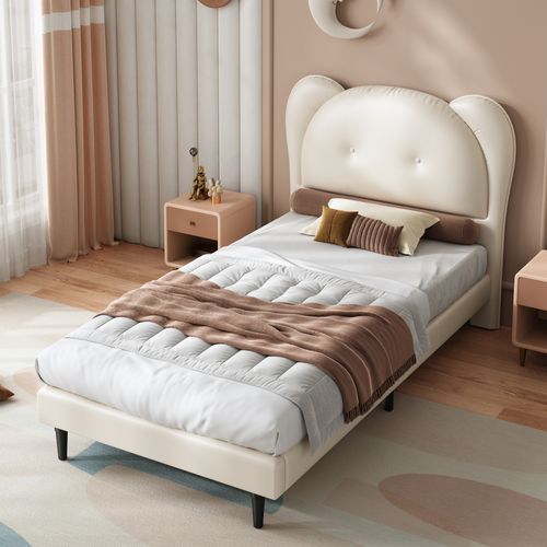 Lit Enfant 90x200 Cm - Lit Simple Avec Tête De Lit En Forme D'animal - Pu - Beige
