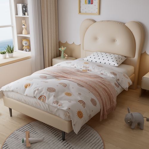 Lit Enfant 90x200 Cm - Lit Simple Avec Tête De Lit En Forme D'animal - Pu - Beige