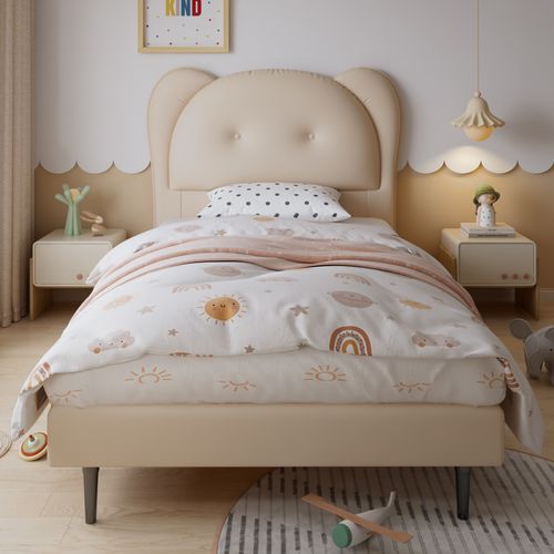 Lit Enfant 90x200 Cm - Lit Simple Avec Tête De Lit En Forme D'animal - Pu - Beige