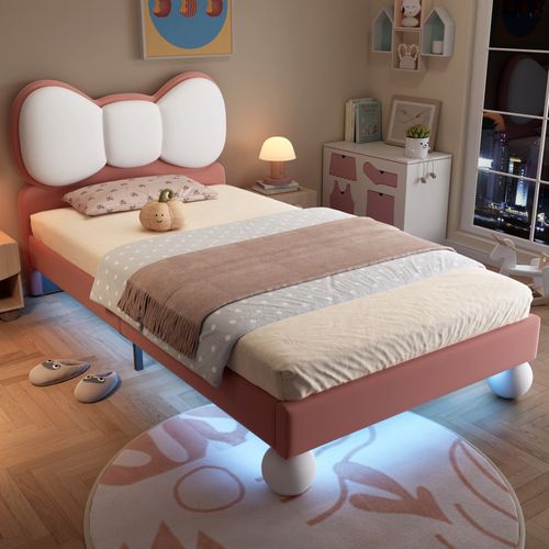 Lit Enfant 90x200 Cm - Lit Déco Tête De Lit Ailes Avec LED Colorée - Velours - Rose