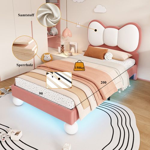 Lit Enfant 90x200 Cm - Lit Déco Tête De Lit Ailes Avec LED Colorée - Velours - Rose