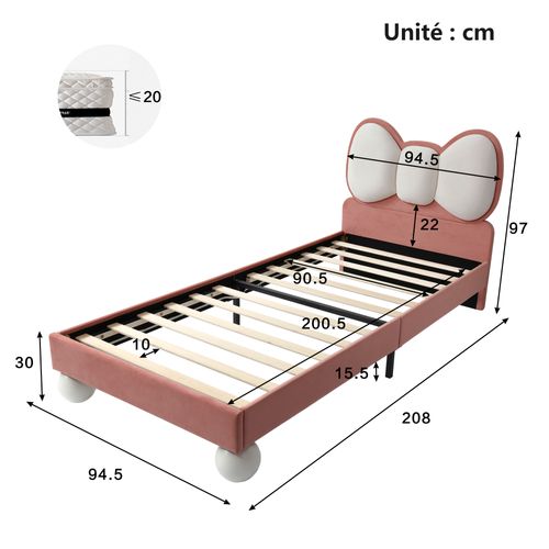 Lit Enfant 90x200 Cm - Lit Déco Tête De Lit Ailes Avec LED Colorée - Velours - Rose