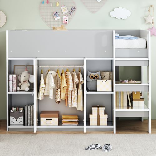 Lit Mezzanine 90x200 Cm - Enfant - Échelle Intégrée - Placard - Rangement - Pin Et Mdf - Gris