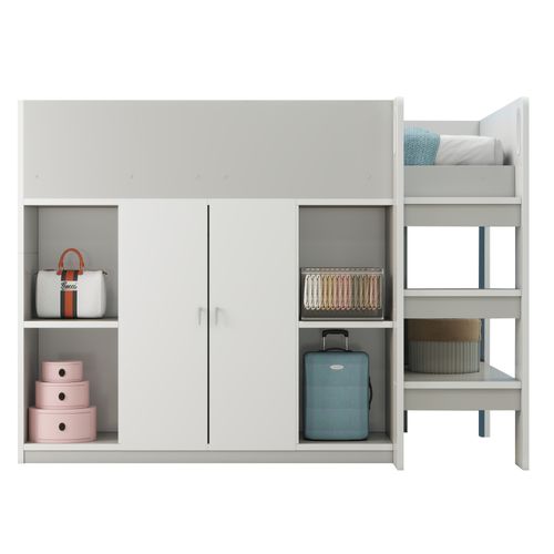 Lit Mezzanine 90x200 Cm - Enfant - Échelle Intégrée - Placard - Rangement - Pin Et Mdf - Gris