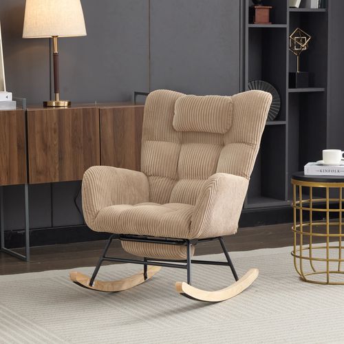 Rocking Chair - Coussin - Dossier Haut - Accoudoirs - Support Cervical Intégré - Tissu Doux - Marron