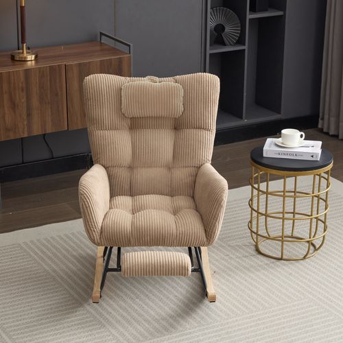 Rocking Chair - Coussin - Dossier Haut - Accoudoirs - Support Cervical Intégré - Tissu Doux - Marron