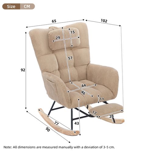 Rocking Chair - Coussin - Dossier Haut - Accoudoirs - Support Cervical Intégré - Tissu Doux - Marron
