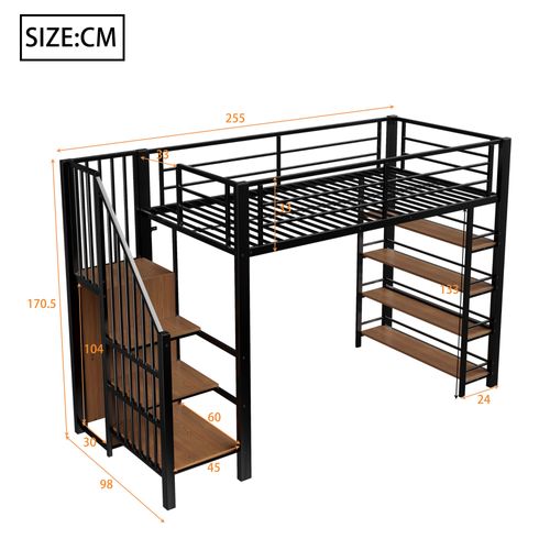 Lit Mezzanine 90x200 Cm - Lit Haut Avec Escalier Sécurité - Rangements - Cadre Métal Mdf - Noir
