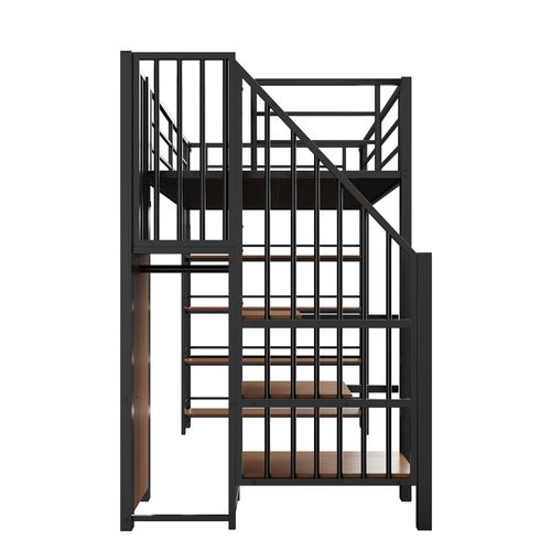 Lit Mezzanine 90x200 Cm - Lit Haut Avec Escalier Sécurité - Rangements - Cadre Métal Mdf - Noir