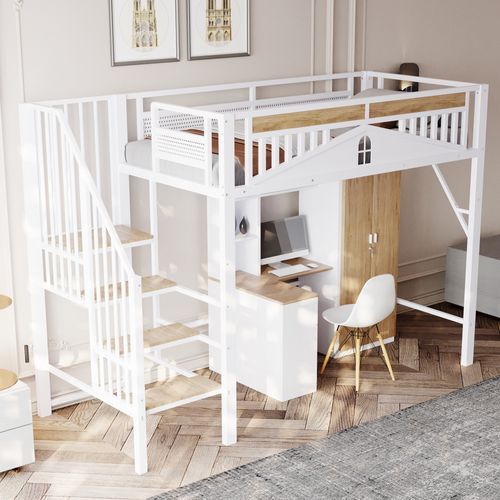 Lit Mezzanine 90x200 Cm - Rangement - Échelle Réversible - Porte De Sécurité - Boule - Métal - Blanc