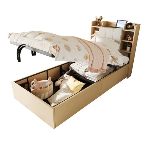 Lit Coffre Simple 90x200 -rangement Pratique - Tête De Lit Fonctionnelle - Ports USB Et Type-c