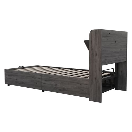 Lit Coffre Simple 90x200 Cm - Rangement Intégré - Ports USB/type-c - Design Moderne - Gris