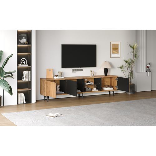 Meuble TV Buffet Bas Avec LED Intégrée Et 2 Tiroirs, Meuble De Salon Moderne En Mdf Et Verre Trempé