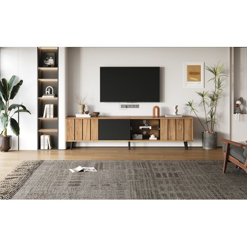 Meuble TV Buffet Bas Avec LED Intégrée Et 2 Tiroirs, Meuble De Salon Moderne En Mdf Et Verre Trempé