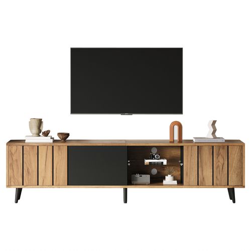Meuble TV Buffet Bas Avec LED Intégrée Et 2 Tiroirs, Meuble De Salon Moderne En Mdf Et Verre Trempé