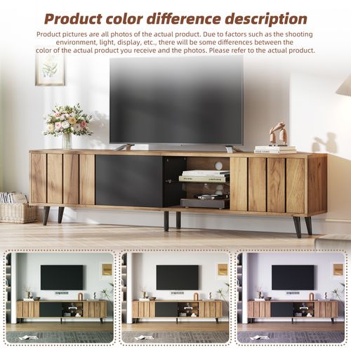 Meuble TV Buffet Bas Avec LED Intégrée Et 2 Tiroirs, Meuble De Salon Moderne En Mdf Et Verre Trempé
