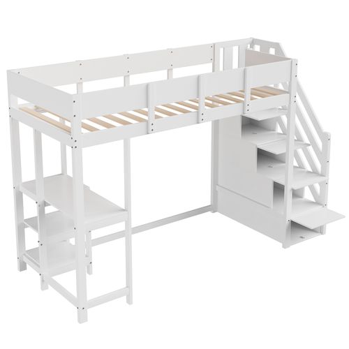 Lit Mezzanine 90x200 Cm - Lit Avec Escalier Et Tiroirs - Pin Massif Et Mdf - Blanc