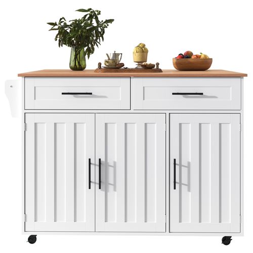 Îlot De Cuisine - Dessertetable Roulante Avec Plateau Pliant Et Tiroir - Mdf - Blanc