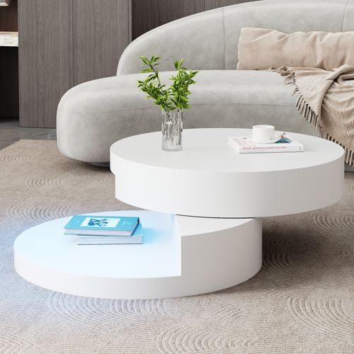 Table Basse - Tables De Salon Rotative 360° Avec Éclairage LED 16 Couleurs - Mdf - Blanc