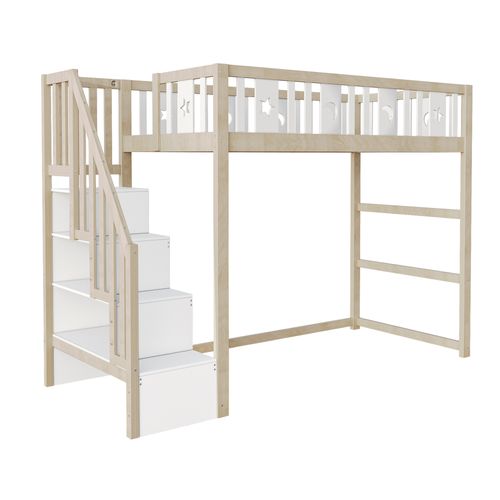Lit Mezzanine 90x200 Cm - Lit Enfant Avec Escalier - Sécurité - Déco Lune Et Étoiles - Naturel
