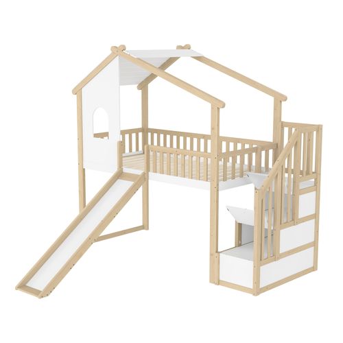 Lit Mezzanine Cabane 90x200 Cm Avec Toboggan Et Rangement Escalier - Pin Et Mdf - Blanc Naturel