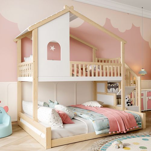 Lit Superposé 90x200 Cm + 140x200 Cm - Lit Avec Rangement Sous Le Lit - Pin Et Mdf - Blanc