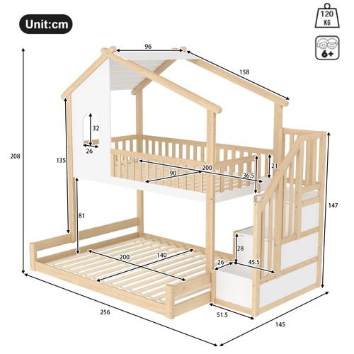 Lit Superposé 90x200 Cm + 140x200 Cm - Lit Avec Rangement Sous Le Lit - Pin Et Mdf - Blanc
