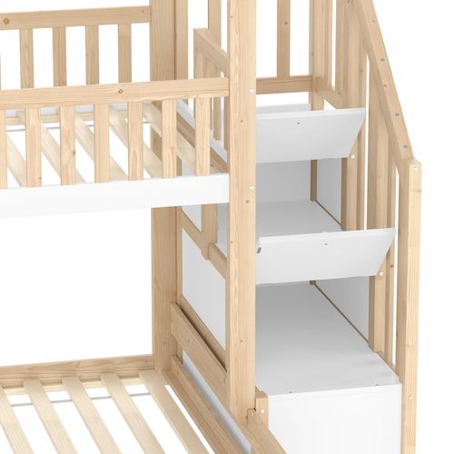 Lit Superposé 90x200 Cm + 140x200 Cm - Lit Avec Rangement Sous Le Lit - Pin Et Mdf - Blanc