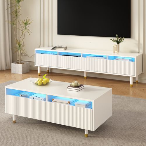 Table Basse LED Contemporaine - Rangement Avec 2 Tiroirs - Bande Lumineuse Intégrée - Mdf - Blanc