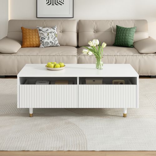 Table Basse LED Contemporaine - Rangement Avec 2 Tiroirs - Bande Lumineuse Intégrée - Mdf - Blanc