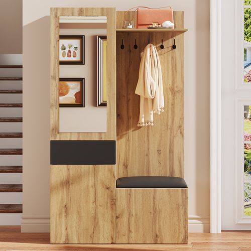 Meuble D'entrée Vestiaire Avec Portemanteau, Miroir Intégré Et Rangements, Mdf, Naturel