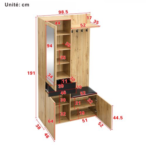 Meuble D'entrée Vestiaire Avec Portemanteau, Miroir Intégré Et Rangements, Mdf, Naturel