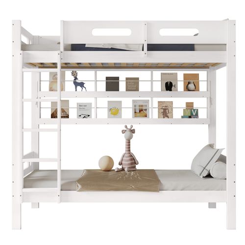 Lit Superposé 90x200 Cm Enfant - Rangement - Étagère - Barrière Sécurité - Design Moderne - Blanc