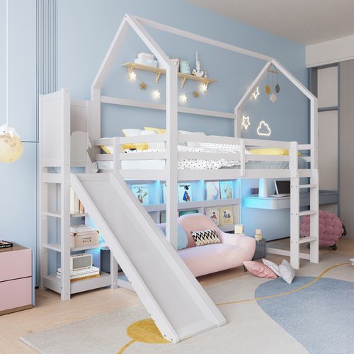 Lit Mezzanine Cabane 90x200 Cm Avec Toboggan Et LED - Pin Et Mdf - Blanc