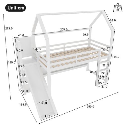 Lit Mezzanine Cabane 90x200 Cm Avec Toboggan Et LED - Pin Et Mdf - Blanc