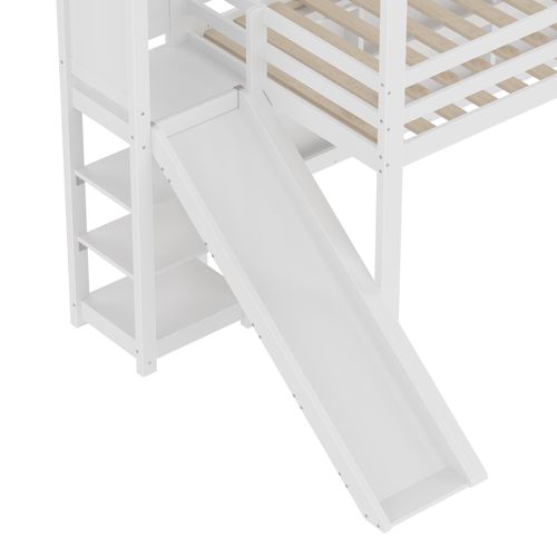 Lit Mezzanine Cabane 90x200 Cm Avec Toboggan Et LED - Pin Et Mdf - Blanc