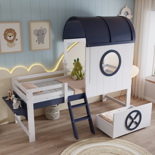 Lit Enfant 90x200 Cm - Mi-hauteur - Avec Rangement Et Toit Marin - Pin Et Mdf - Blanc Et Bleu Foncé