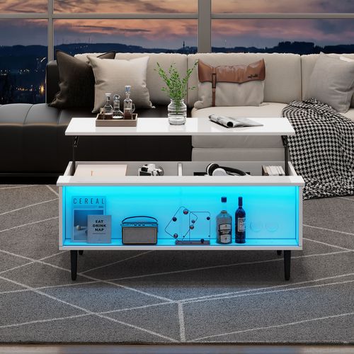 Table Basse Relevable Avec LED Et Rangement, Plateau Réglable, Pieds Métal, Blanc, 105×50×43 Cm