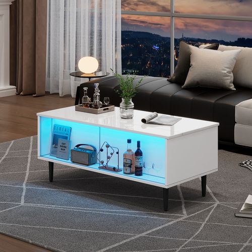 Table Basse Relevable Avec LED Et Rangement, Plateau Réglable, Pieds Métal, Blanc, 105×50×43 Cm