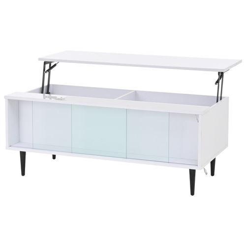 Table Basse Relevable Avec LED Et Rangement, Plateau Réglable, Pieds Métal, Blanc, 105×50×43 Cm