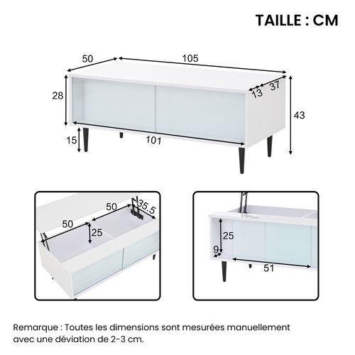 Table Basse Relevable Avec LED Et Rangement, Plateau Réglable, Pieds Métal, Blanc, 105×50×43 Cm