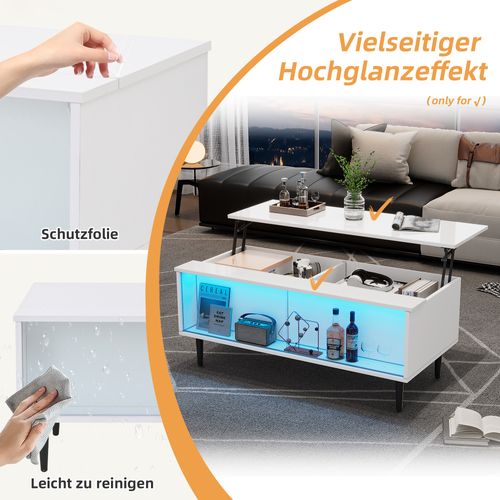 Table Basse Relevable Avec LED Et Rangement, Plateau Réglable, Pieds Métal, Blanc, 105×50×43 Cm