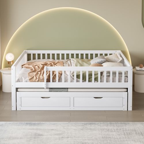 Lit Gigogne 140x200 Cm - Lit Simple Enfant Avec 2 Tiroirs Et Barrière - Bois Massif Et Mdf Blanc