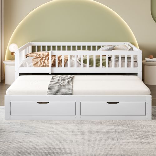 Lit Gigogne 140x200 Cm - Lit Simple Enfant Avec 2 Tiroirs Et Barrière - Bois Massif Et Mdf Blanc