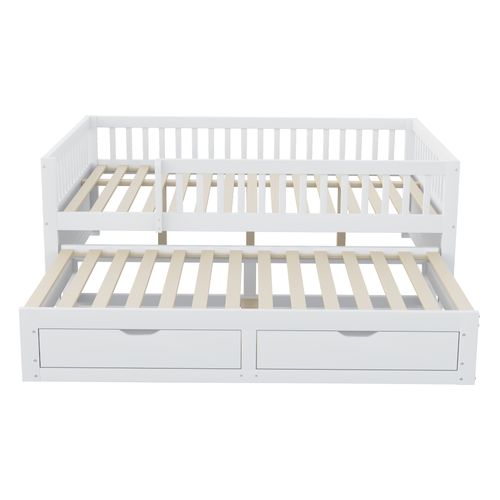 Lit Gigogne 140x200 Cm - Lit Simple Enfant Avec 2 Tiroirs Et Barrière - Bois Massif Et Mdf Blanc