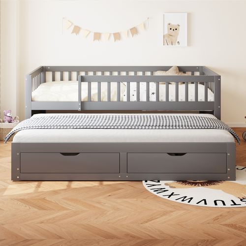 Lit Gigogne 90x200 Cm - Lit Simple Enfant Avec 2 Tiroirs Et Barrière - Design Moderne - Gris