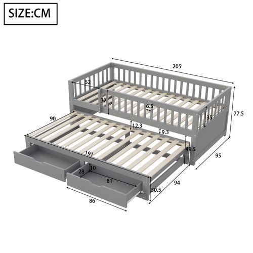 Lit Gigogne 90x200 Cm - Lit Simple Enfant Avec 2 Tiroirs Et Barrière - Design Moderne - Gris